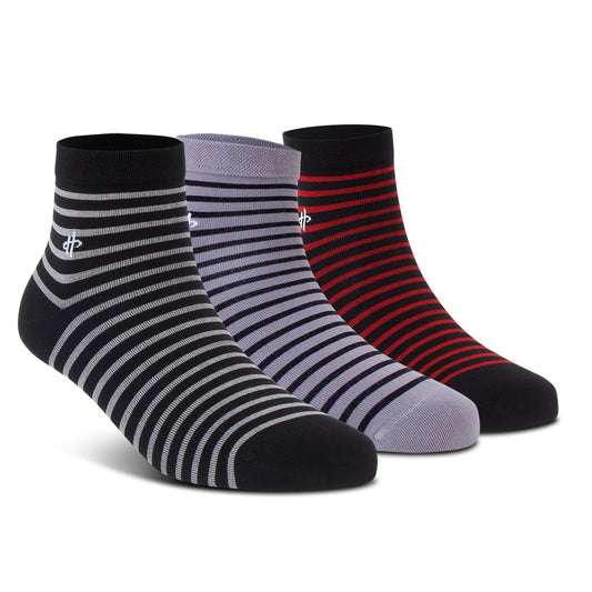 Stripe Trio Ankle Socks: Black, Dark Gray & Dark Maroon 3-Pack