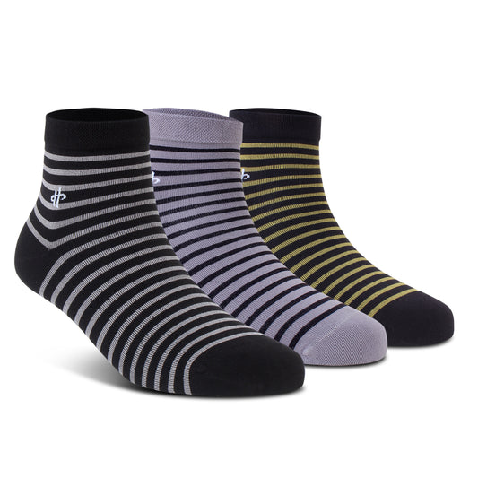 Stripe Trio Ankle Socks: Black, Dark Gray & Golden 3-Pack