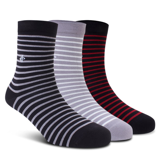 Stripe Trio Crew Socks: Black, Gray & Dark Maroon 3-Pack