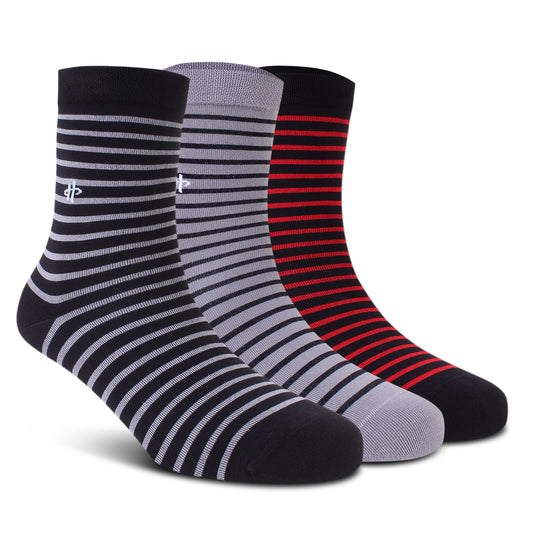 Stripe Trio Crew Socks: Black, Dark Gray & Maroon 3-Pack