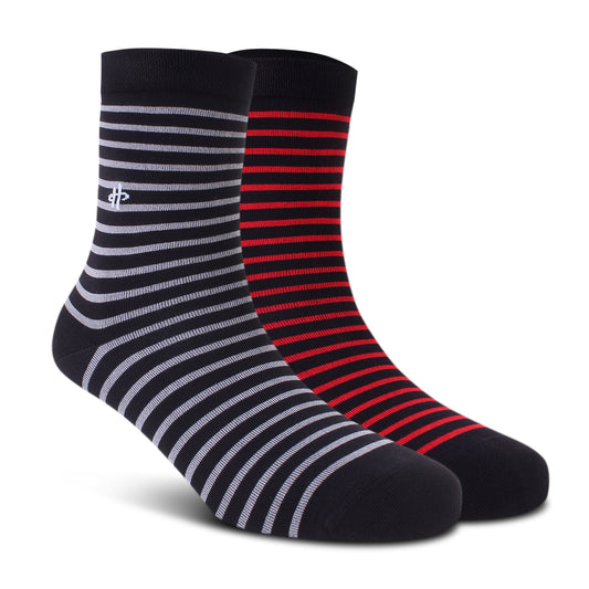 Black & Dark Maroon Stripe Crew Socks - 2 Pairs