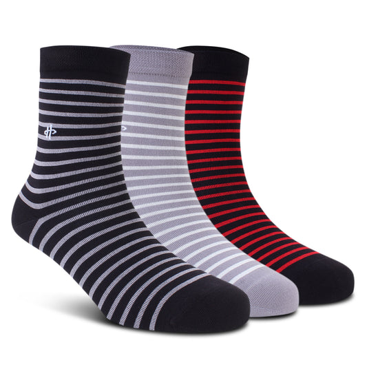 Stripe Trio Crew Socks: Black, Light Gray & Maroon 3-Pack