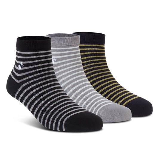Stripe Trio Crew Socks: Black, Gray & Golden 3-Pack