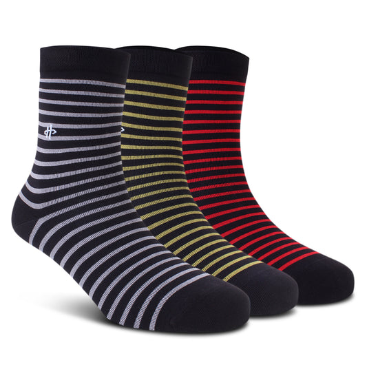 Stripe Trio Crew Socks: Black, Golden & Maroon 3-Pack