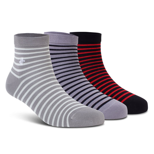 Stripe Trio Ankle Socks: Light Gray, Dark Gray & Maroon 3-Pack