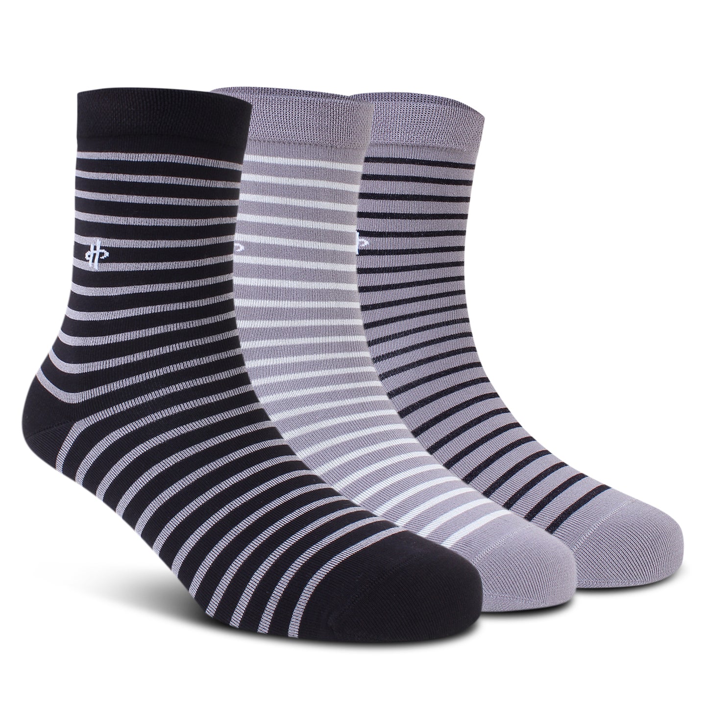 Stripe Trio Crew Socks: Black, Gray & Dark Gray 3-Pack