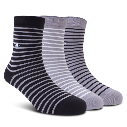 Stripe Trio Crew Socks: Black, Gray & Dark Gray 3-Pack