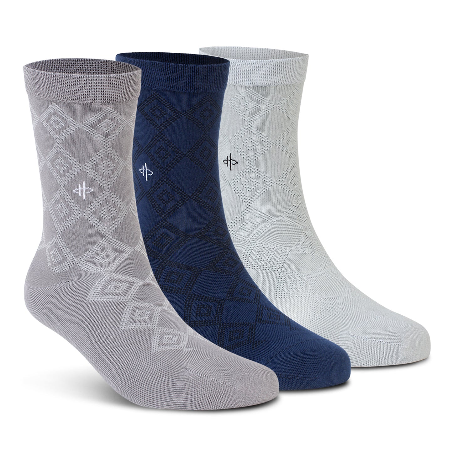 Pattern Trio Crew Socks: Gray, Blue & White 3-Pack