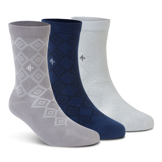 Pattern Trio Crew Socks: Gray, Blue & White 3-Pack
