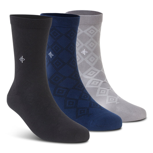 Pattern Trio Crew Socks: Black, Blue & Gray 3-Pack