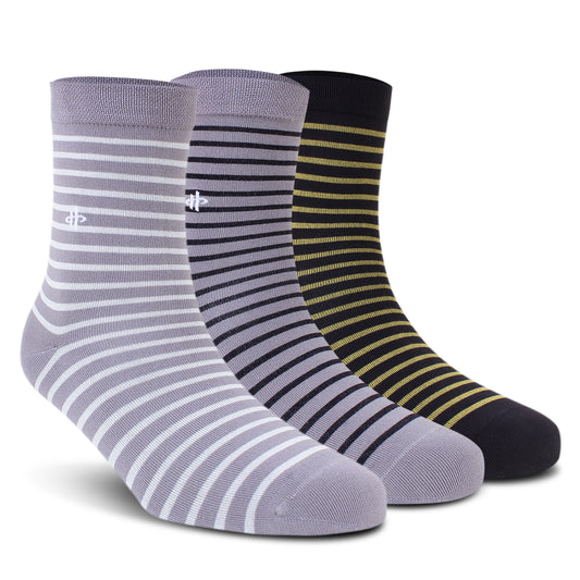 Stripe Trio Crew Socks: Gray, Dark Gray & Golden 3-Pack