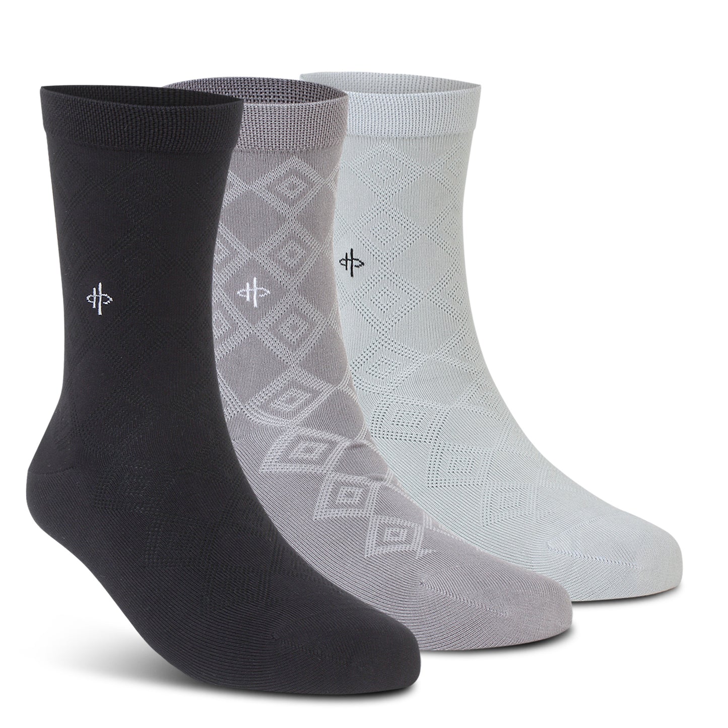 Classical Trio Pattern Crew Socks: Black, Dark Gray & Light Gray 3-Pack