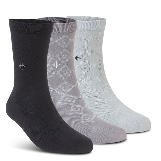Classical Trio Pattern Crew Socks: Black, Dark Gray & Light Gray 3-Pack