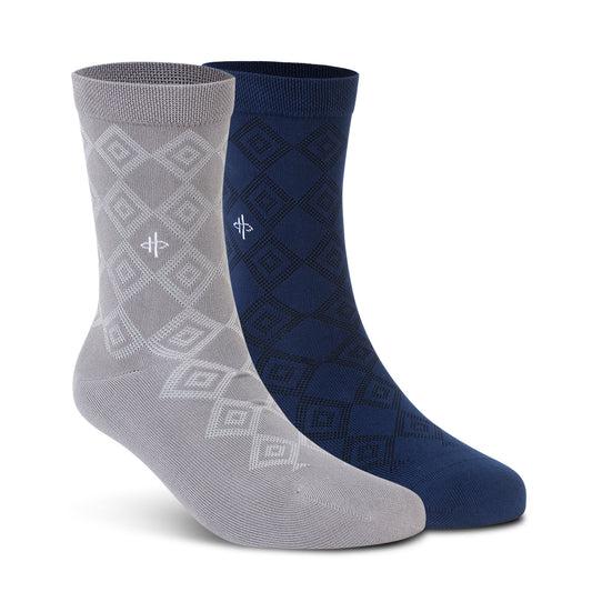 Textured Diamond Knit Crew Socks - Gray/blue Combo