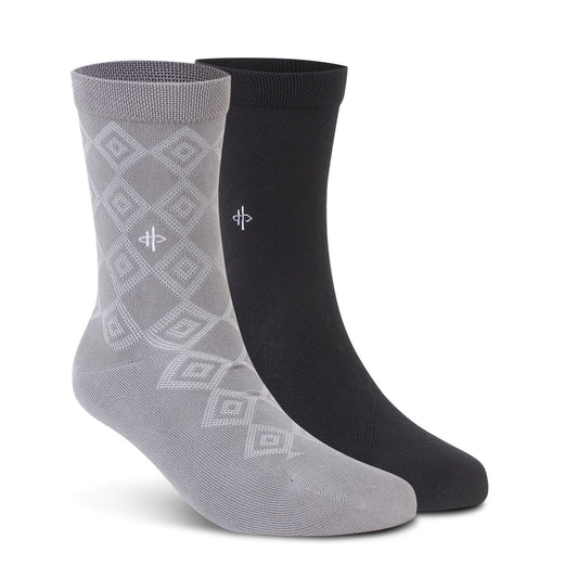 Textured Diamond Knit Crew Socks - Gray/Black Combo