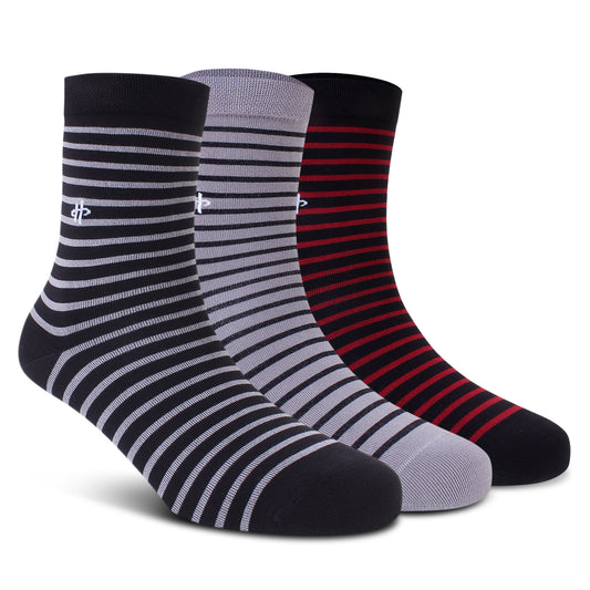 Stripe Trio Crew Socks: Black, Dark Gray & Dark Maroon 3-Pack