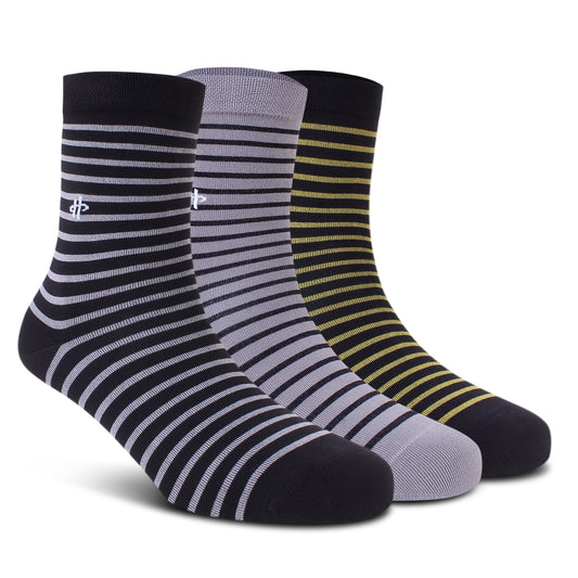 Stripe Trio Crew Socks: Black, Dark Gray & Golden 3-Pack