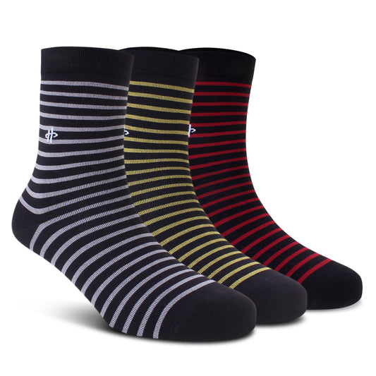 Stripe Trio Crew Socks: Black, Golden & Dark Maroon 3-Pack