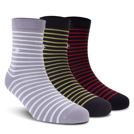 Stripe Trio Crew Socks: Gray, Golden & Maroon 3-Pack