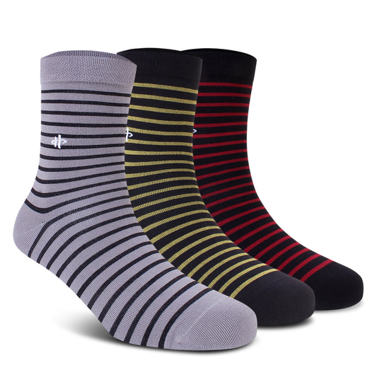 Stripe Trio Crew Socks: Gray, Golden & Maroon 3-Pack