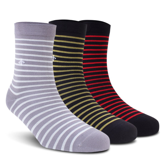 Stripe Trio Crew Socks: Gray, Golden & Maroon 3-Pack