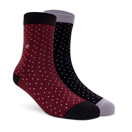 Maroon & Black Dotted Crew Socks - 2 Pairs