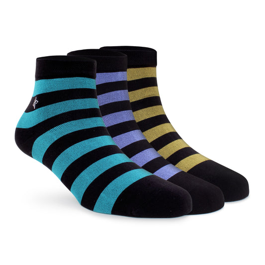 Stripe Trio Ankle Socks: teal, blue & golden 3-Pack