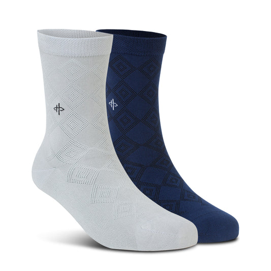 Light Gray & Blue Pattern Crew Socks - 2 Pairs